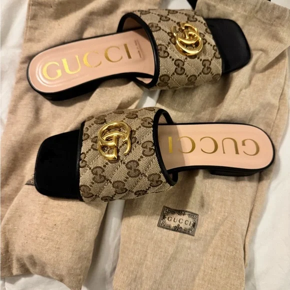 Gucci | Shoes | Gucci Tan And Black Sandals With Iconic  display picture 1